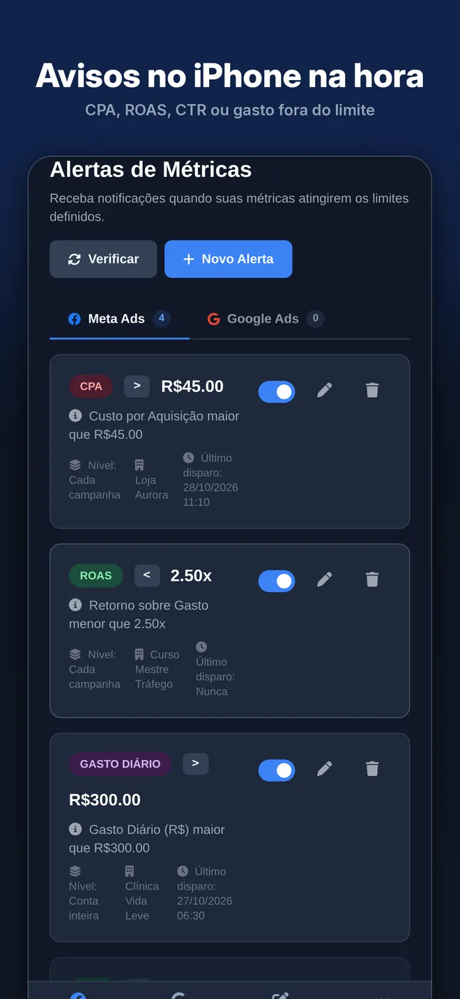 App do Ads Editor no iPhone: alertas de saldo e vendas