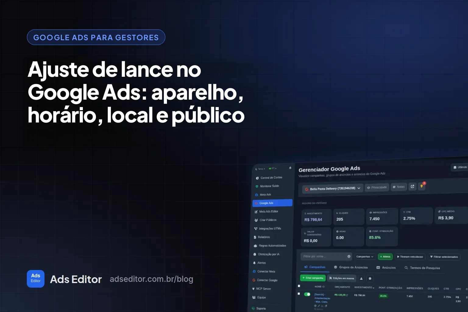 Ajuste de lance no Google Ads: gerenciador Google do Ads Editor com campanhas e desempenho por segmento