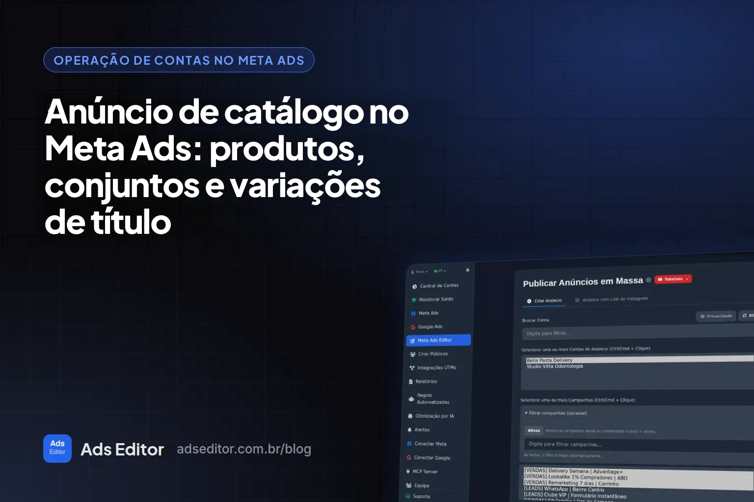 Anúncio de catálogo no Meta Ads: produtos, conjuntos e variações de título no editor do Ads Editor
