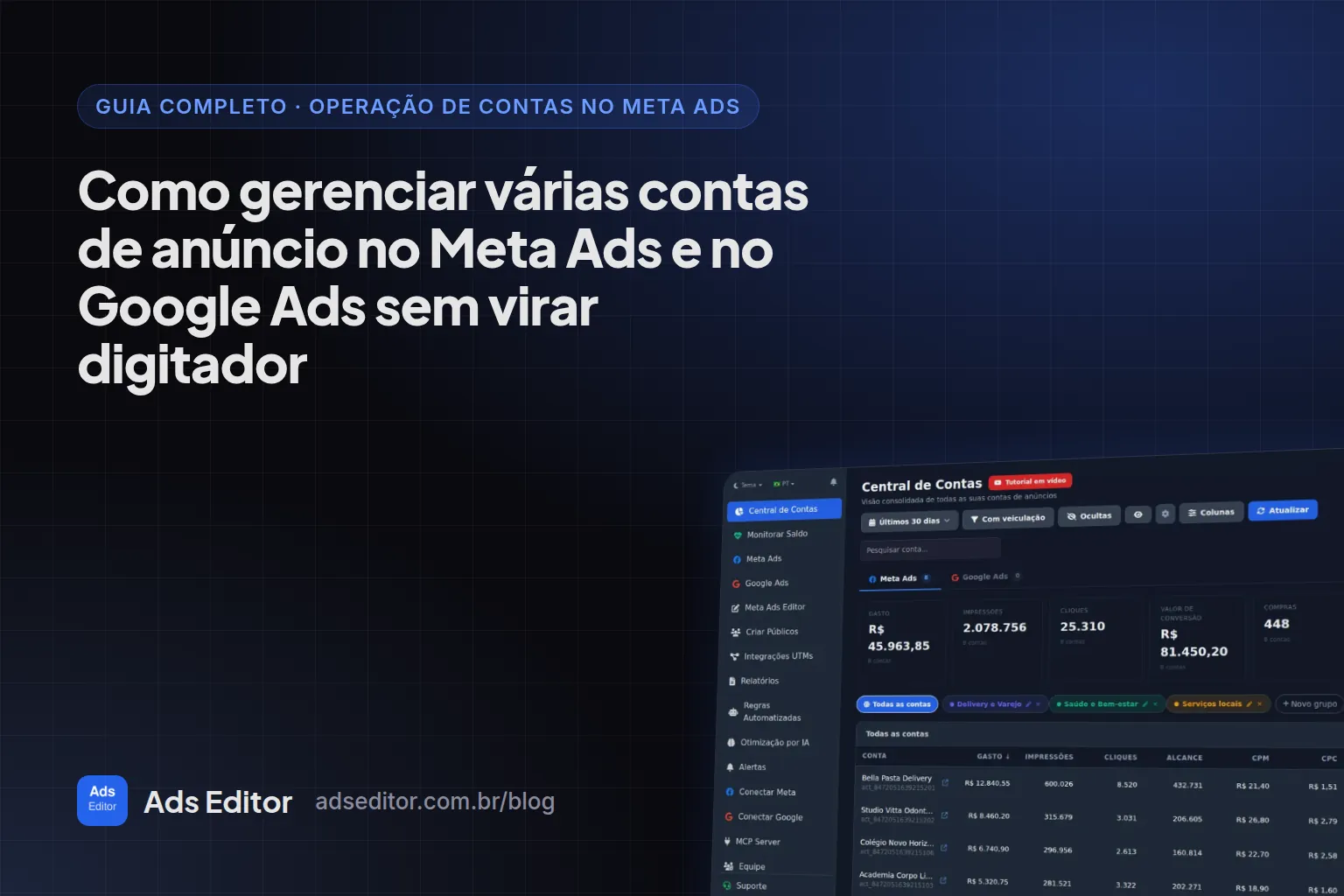 Gerenciar várias contas de anúncio: Central de Contas do Ads Editor com Meta Ads e Google Ads