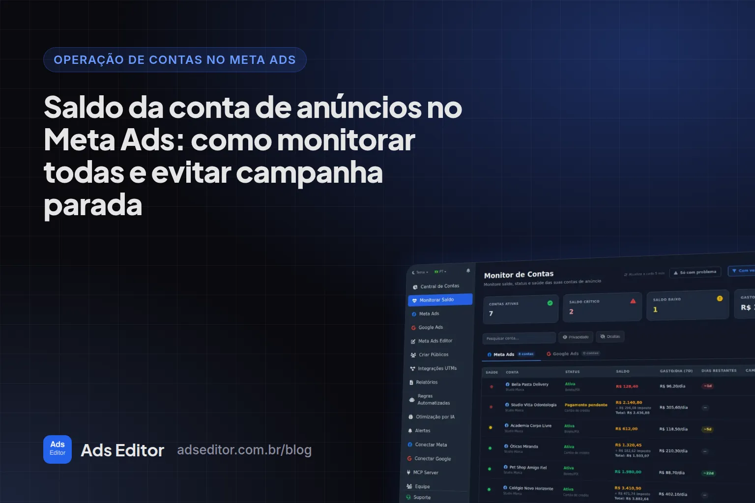 Monitor de Contas do Ads Editor mostrando saldo e status de contas de anúncio