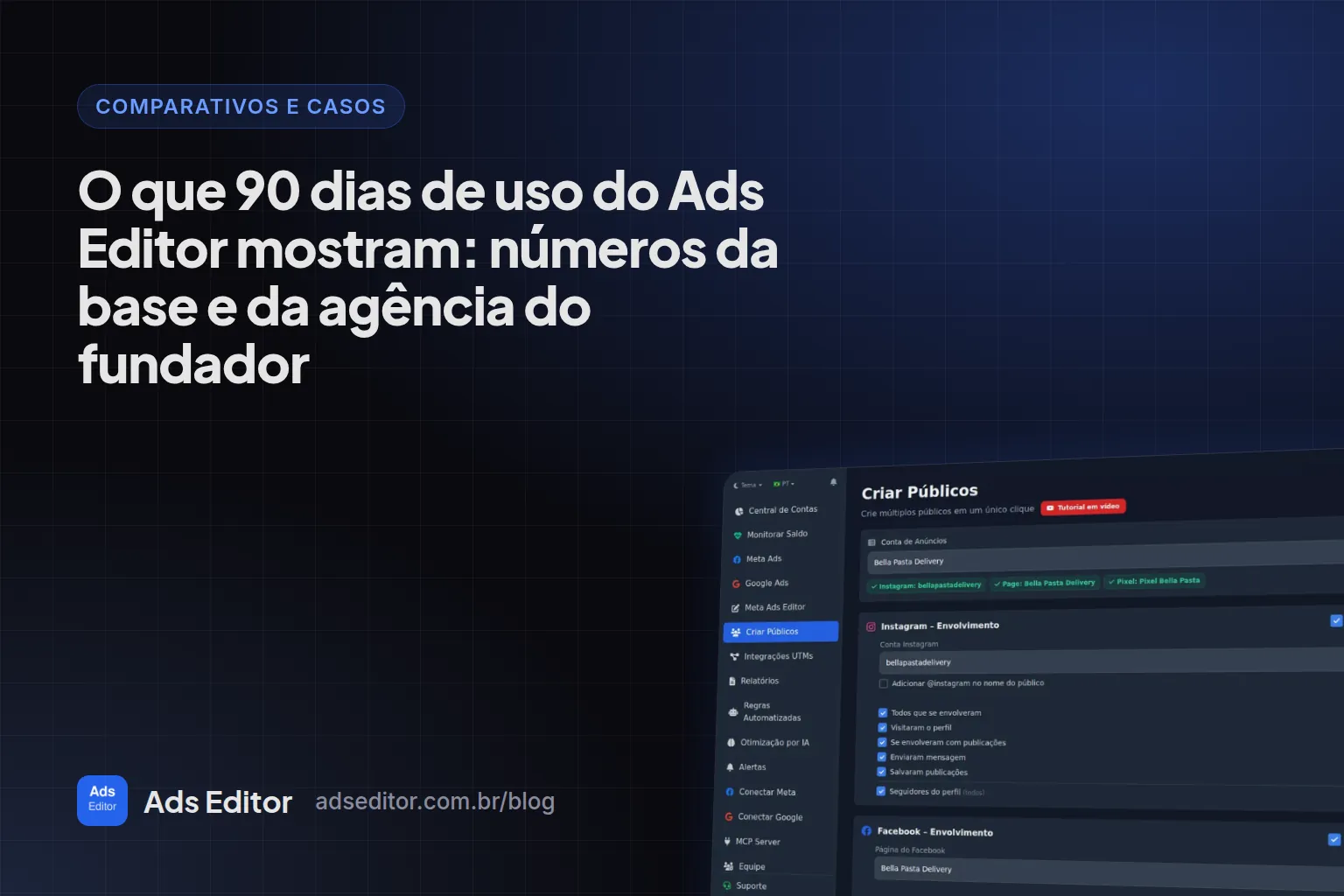 Números de uso do Ads Editor em 90 dias: anúncios publicados, públicos criados e clones