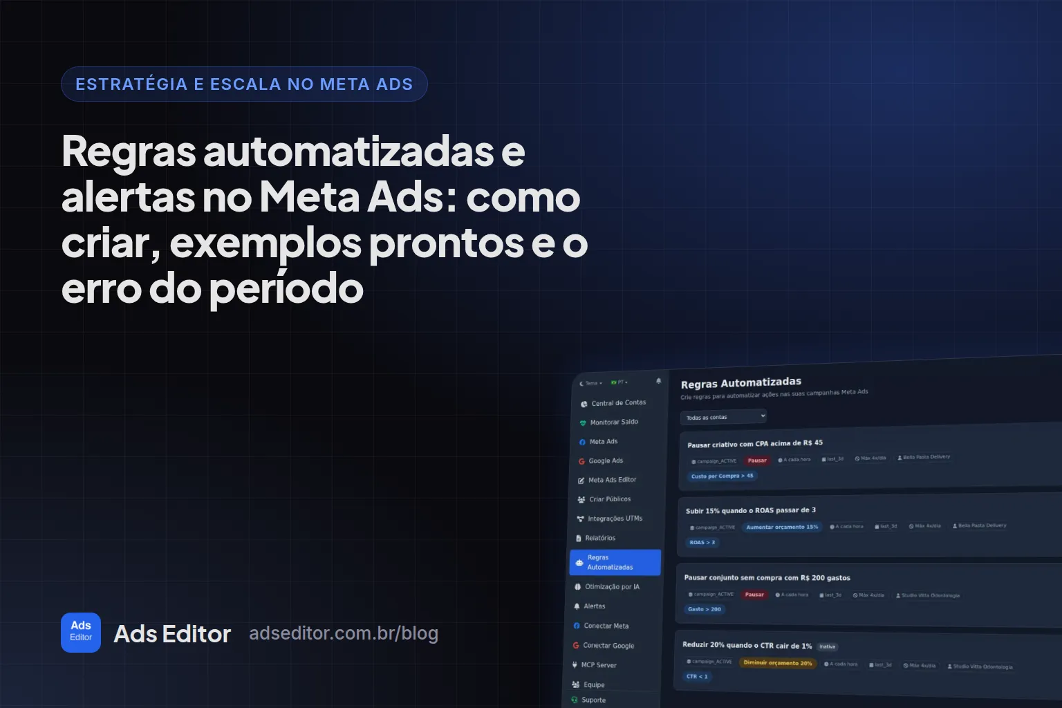 Regras automatizadas no Meta Ads: lista de regras do Ads Editor com condições e ações