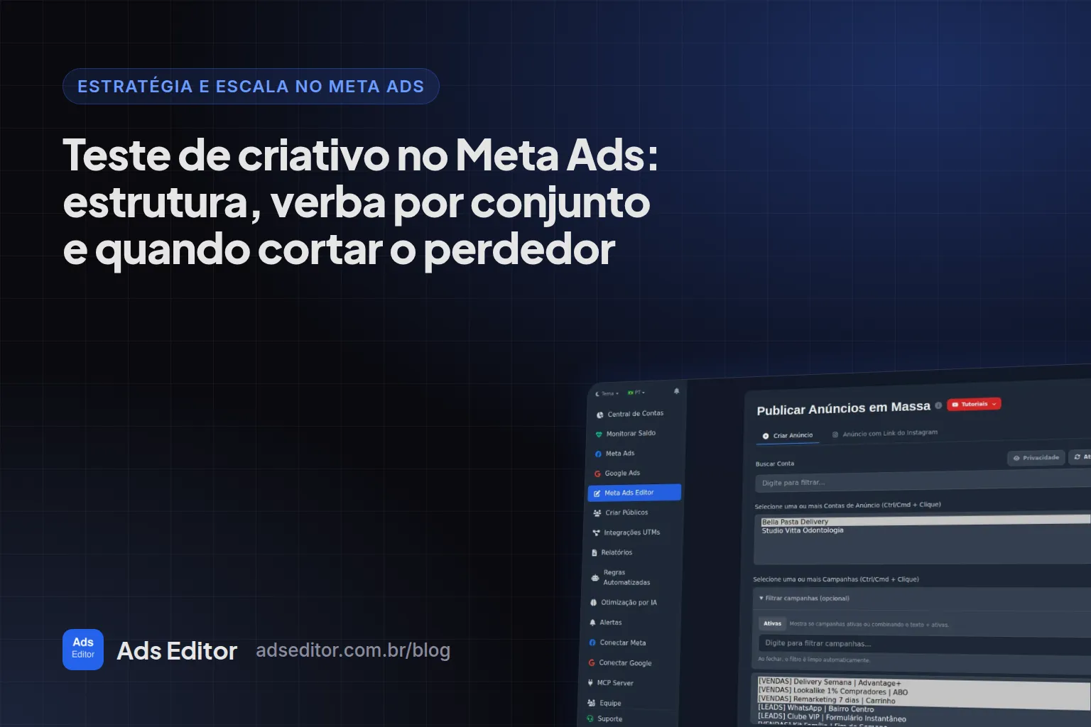 Teste de criativo no Meta Ads: variações publicadas em lote em conjuntos de teste no Ads Editor