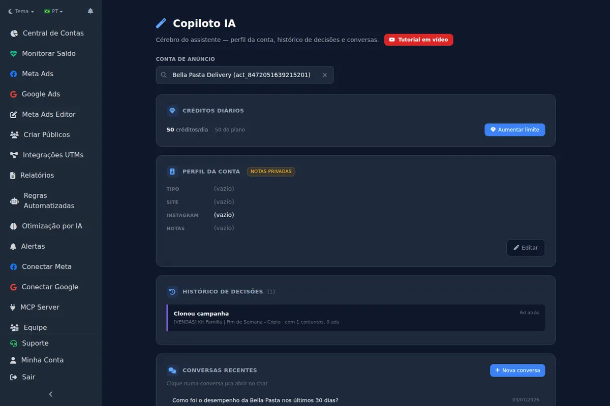 Copiloto de IA do Ads Editor com perfil da conta, histórico de decisões e conversas