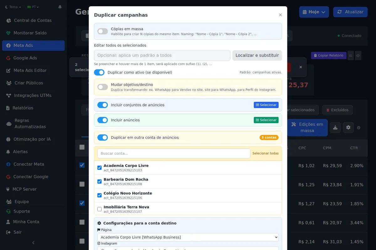 Modal de duplicar campanha para outra conta de anúncio com configuração de página, Instagram e pixel