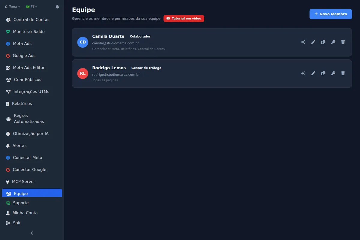 Cadastro de membro da equipe com permissões por página e contas de anúncio