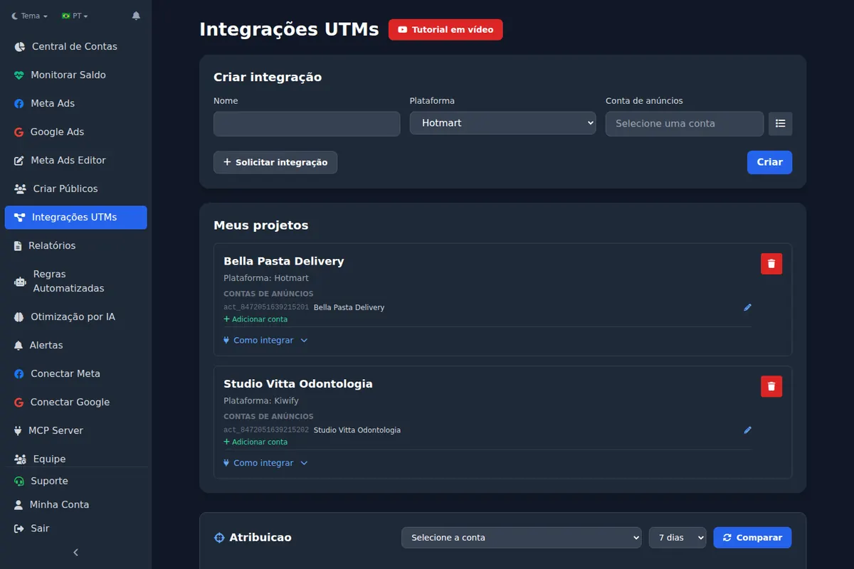 Integrações UTMs com projetos por plataforma de vendas e conta de anúncios