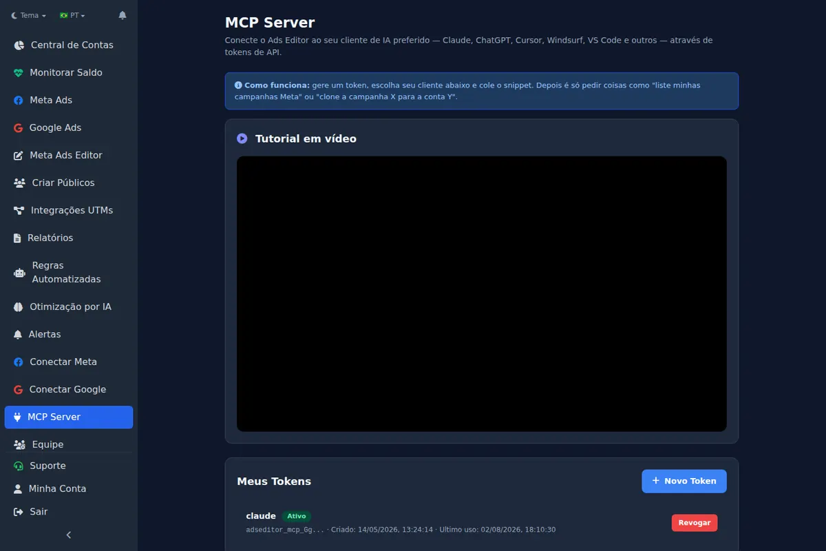 Tela MCP Server do Ads Editor com tokens e instruções para Claude, ChatGPT e Cursor