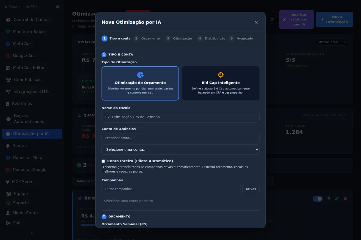 Configuração de nova Otimização por IA no Ads Editor com tipo de otimização e contas