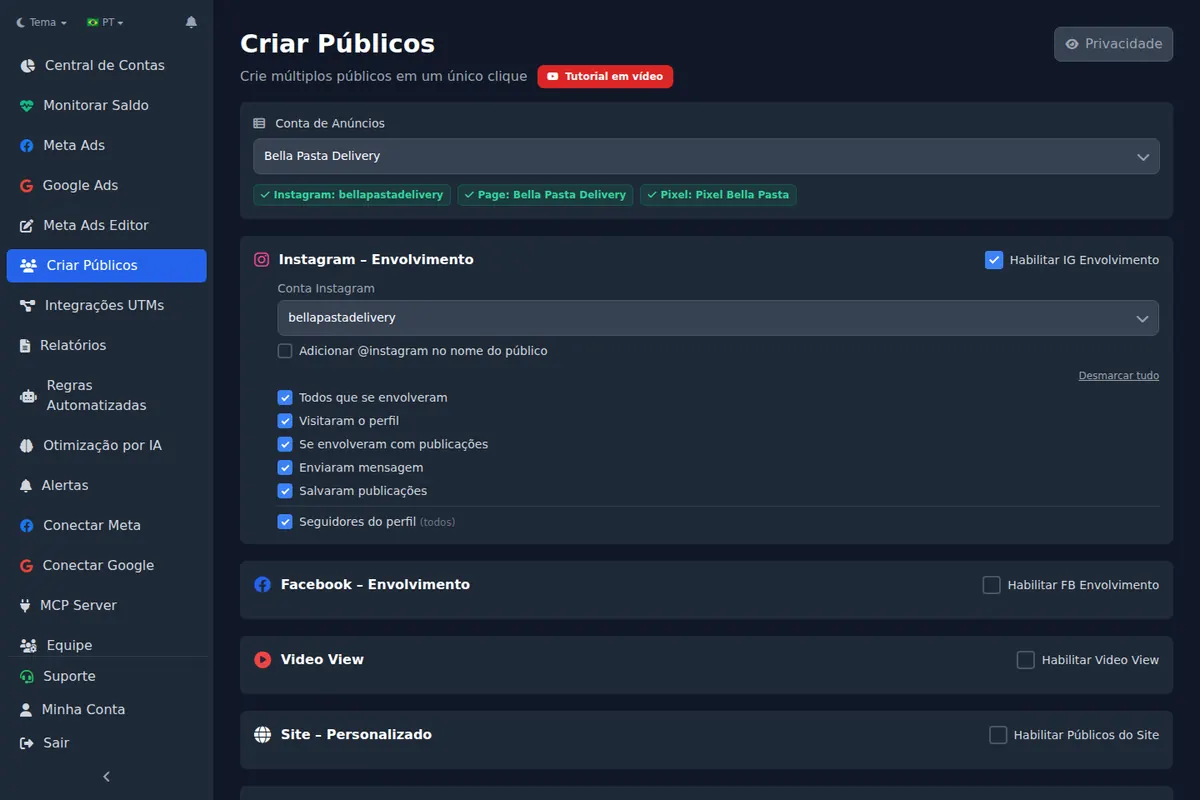 Criar públicos em massa com origens de Instagram e Facebook no Ads Editor