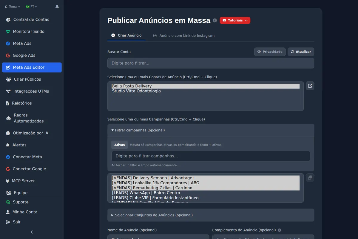 Tela Meta Ads Editor do Ads Editor com seleção de contas e campanhas para publicação em massa